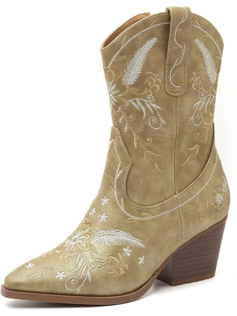 Women's Gold Embroidery Mid Calf Casual Mid Heel Pointed Toe Cowgril Boots